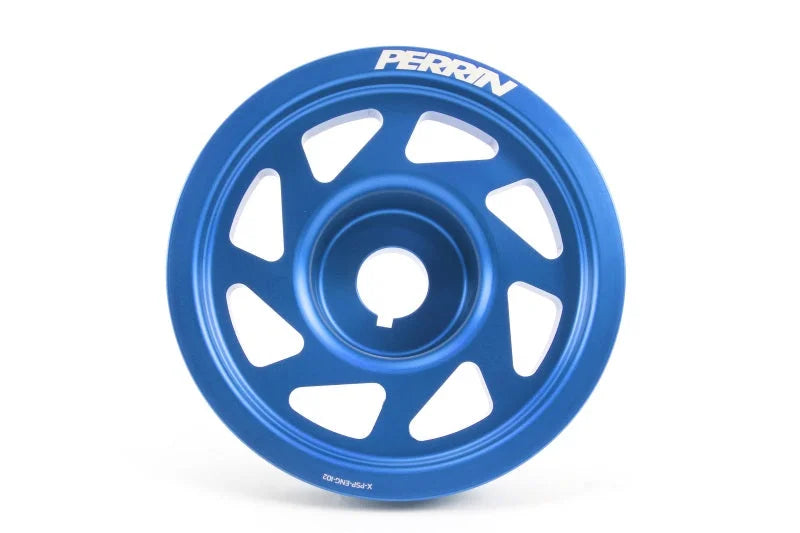 PERRIN 93-14 Subaru Impreza (Incl. 02-14 WRX) / 04-21 STI (w/o AC) Lightened Crank Pulley - Blue - Back View