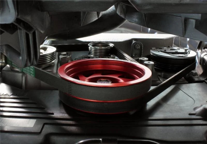 PERRIN 93-14 Subaru Impreza (Incl. 02-14 WRX) / 04-21 STI Lightened Crank Pulley - Red - Installation View