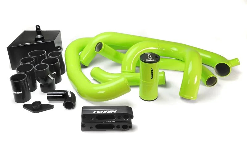 PERRIN Front Mount Intercooler Boost Tube Kit - Neon Yellow fits 2015-2021 Subaru STI - Back View