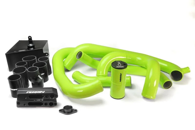 PERRIN Front Mount Intercooler Boost Tube Kit - Neon Yellow fits 2015-2021 Subaru WRX - Back View