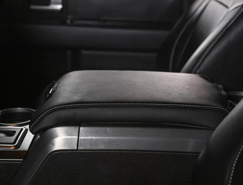 PRP 10-14 Ford Raptor  Center Console Cover- Black with Silver Stitch - Installation View