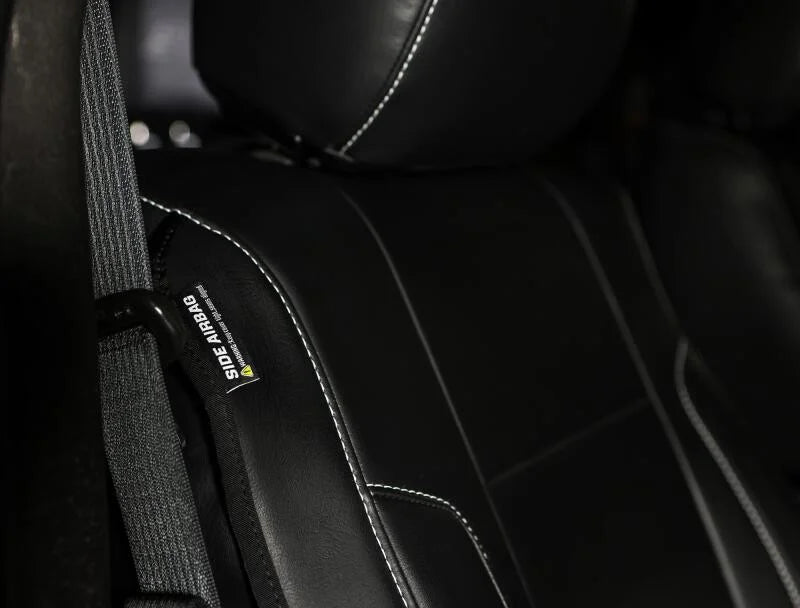 PRP 12-14 Ford Raptor Front Seat Covers (Pair) - Black w Silver Stitch - Side View