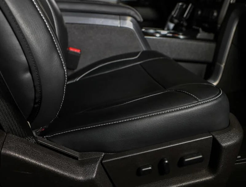 PRP 12-14 Ford Raptor Front Seat Covers (Pair) - Black w Silver Stitch - Back View