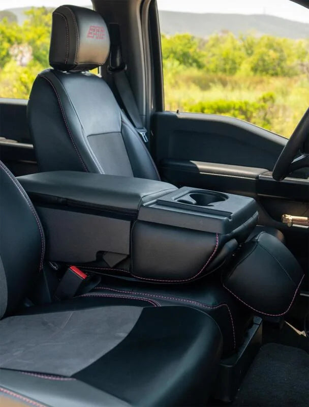 PRP 2015+ Ford F150 / 2017+ Super Duty Center Jump Seat Cover w/ Std. Console - Red - Installation View