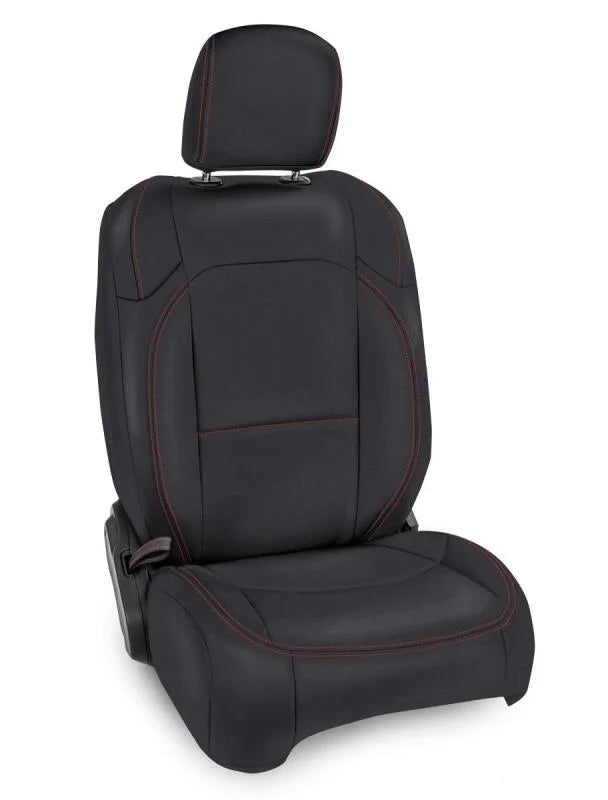PRP 2018+ Jeep Wrangler JL/2 Door/ Non-Rubicon Front Seat Covers (Pair) - Black w/ Red Stitching - Side View