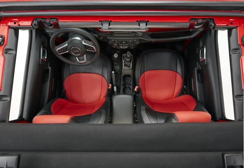 PRP 2018+ Jeep Wrangler JL/2 door/Rubicon Front Seat Covers (Pair) - Black/Red - Installation View