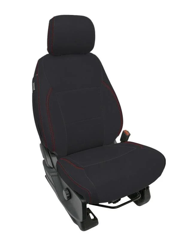 PRP 2021+ Ford 150/ 2023+ SuperDuty Front Seat Covers (Pair) - Black w/ Red Stich - Main Product View