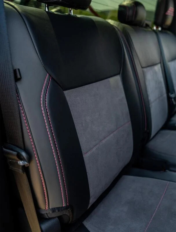 PRP 2021+ Ford 150/ 2023+ SuperDuty Rear Seat Covers (Pair) - Black w/ Red Stitch - Back View