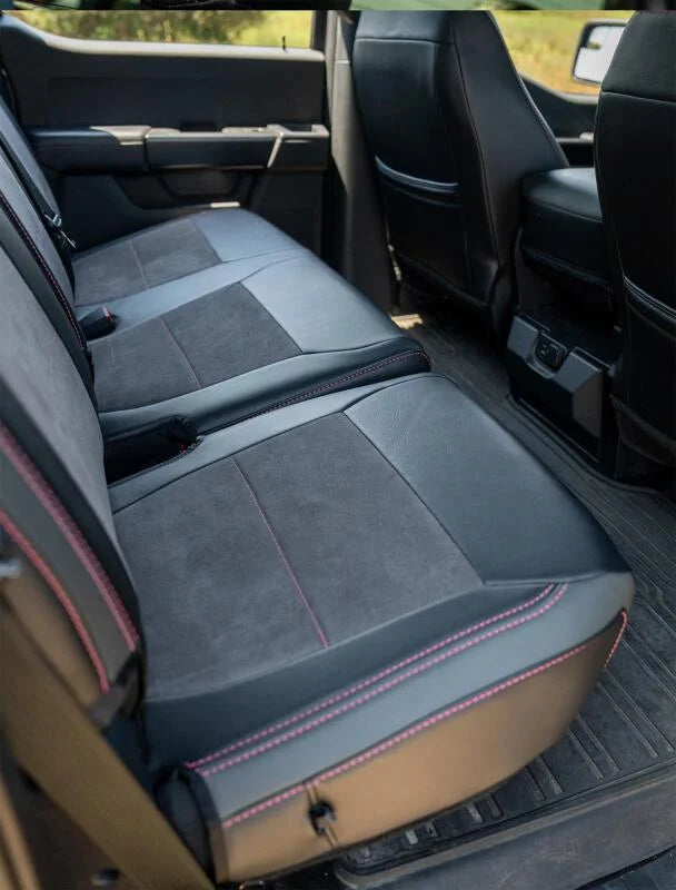 PRP 2021+ Ford 150/ 2023+ SuperDuty Rear Seat Covers (Pair) - Black w/ Red Stitch - Installation View