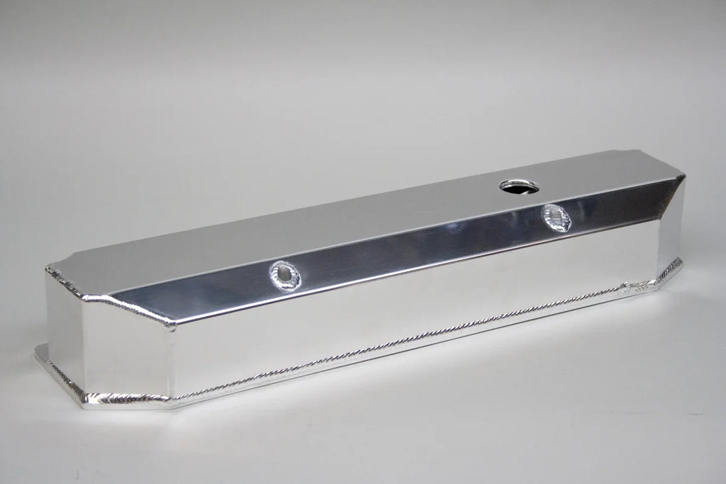 PRW Valve Cover Set; Aluminum; BBM Fabricated Billet Rail w/Vent Hole; Polished. 4044001 - Side View