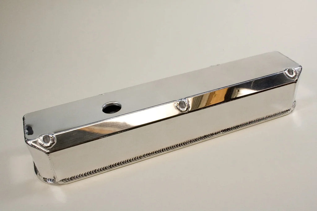 PRW Valve Cover Set; Aluminum; Fabricated Billet Rail; w/Vent Hole; Polished. 4031801 - Side View