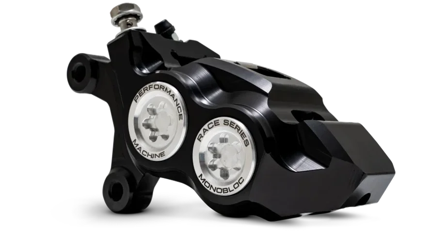 Performance Machine 08-23 FL,18-24 M8 Softail,06-17 VRod 137x4B Rce Series Monobloc Caliper Left BLK - Side View