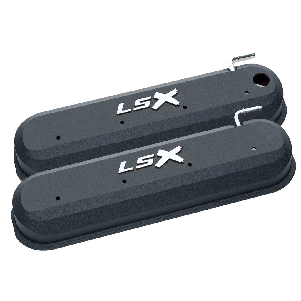 Proform Raised "LSX" Emblem Aluminum Valve Covers, Black Crinkle, LS Engines 141-256 - Installation View