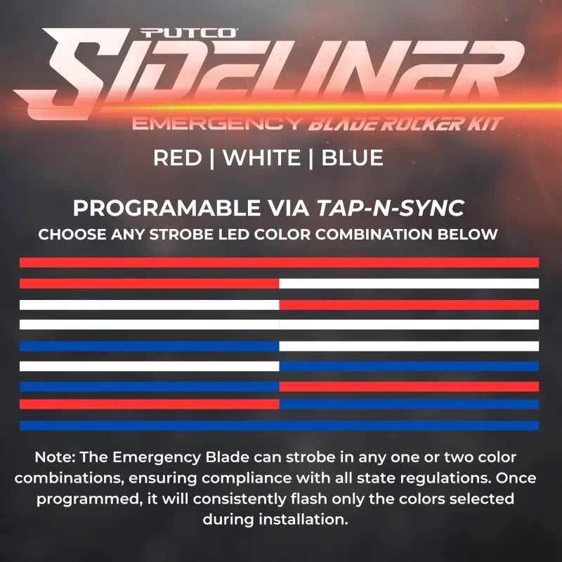 Putco 11-23 Dodge Charger Police Pursuit Blade Rocker Kits Sideliners - Red/Blue w/ White Override - Side View