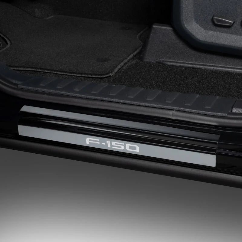 Putco 15-20 Ford F-150 - SuperCrew w/ F-150 Etchinng (4pcs) Black Platinum Door Sills - Back View
