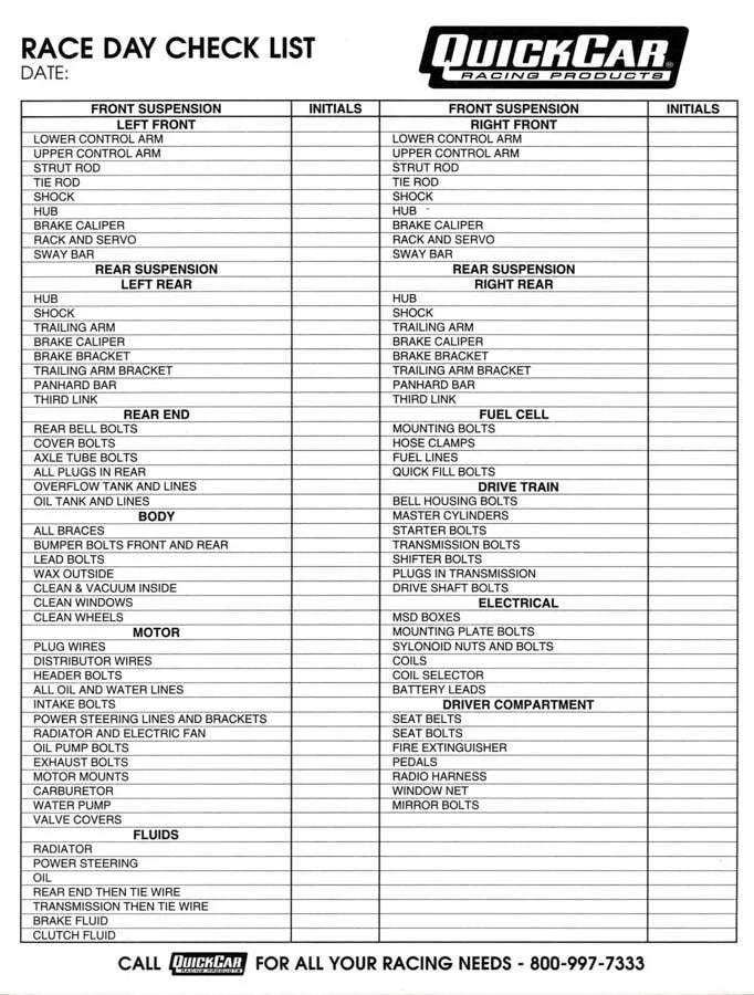 Quickcar Racing Race Day Check-List 51-237
