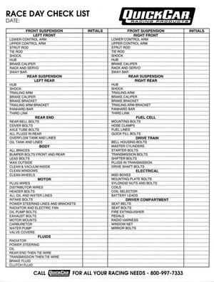 Quickcar Racing Race Day Check-List 51-237