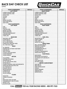 Quickcar Racing Race Day Check-List 51-237