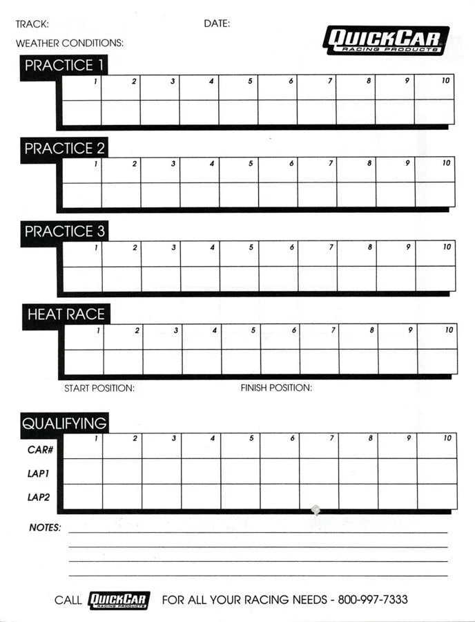 Quickcar Racing Time Organizer Sheets 100 Lap (50PK) 51-235