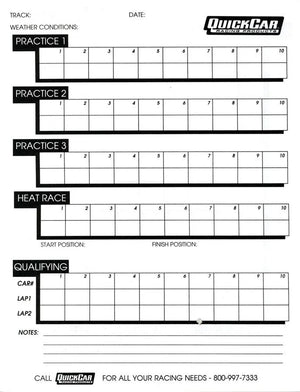 Quickcar Racing Time Organizer Sheets 100 Lap (50PK) 51-235