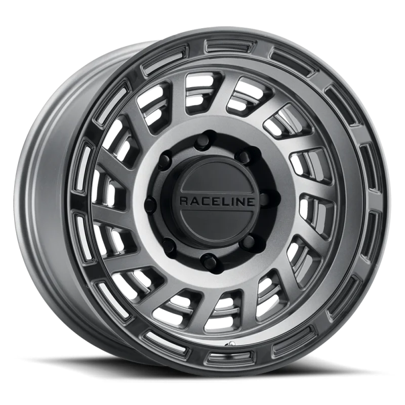 Raceline 957GB Halo 17x8.5in / 6x139.7 BP / 0mm Offset / 106.1mm Bore - Gunmetal & Black Lip Wheel