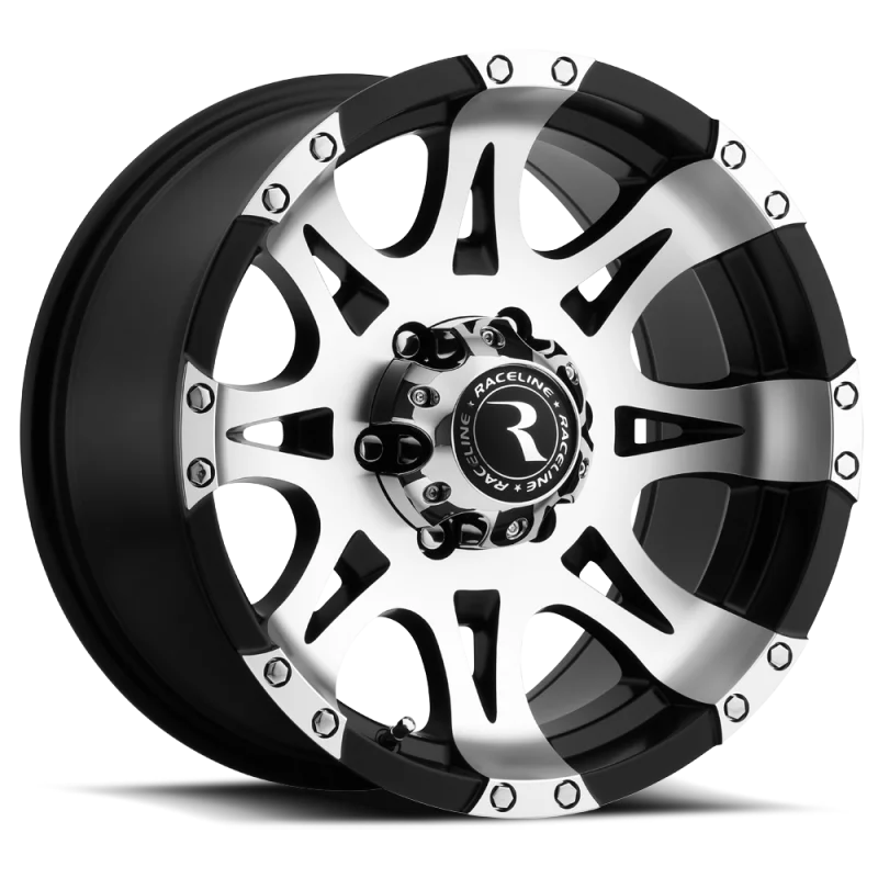 Raceline 982 Raptor 18x9in / 8x165.1 BP / 20mm Offset / 125.2mm Bore - Black & Machined Wheel