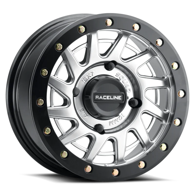 Raceline A12SB Squad 15x7in/4x137 BP/10mm Offset/110.18mm Bore - Silver & Black Ring Beadlock Wheel
