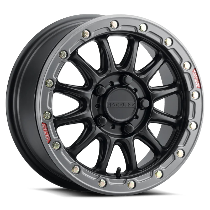 Raceline A14BG Alpha 15x7in/5x114.3 BP/53mm Offset/68mm Bore - Black & Gunmetal Ring Beadlock Wheel