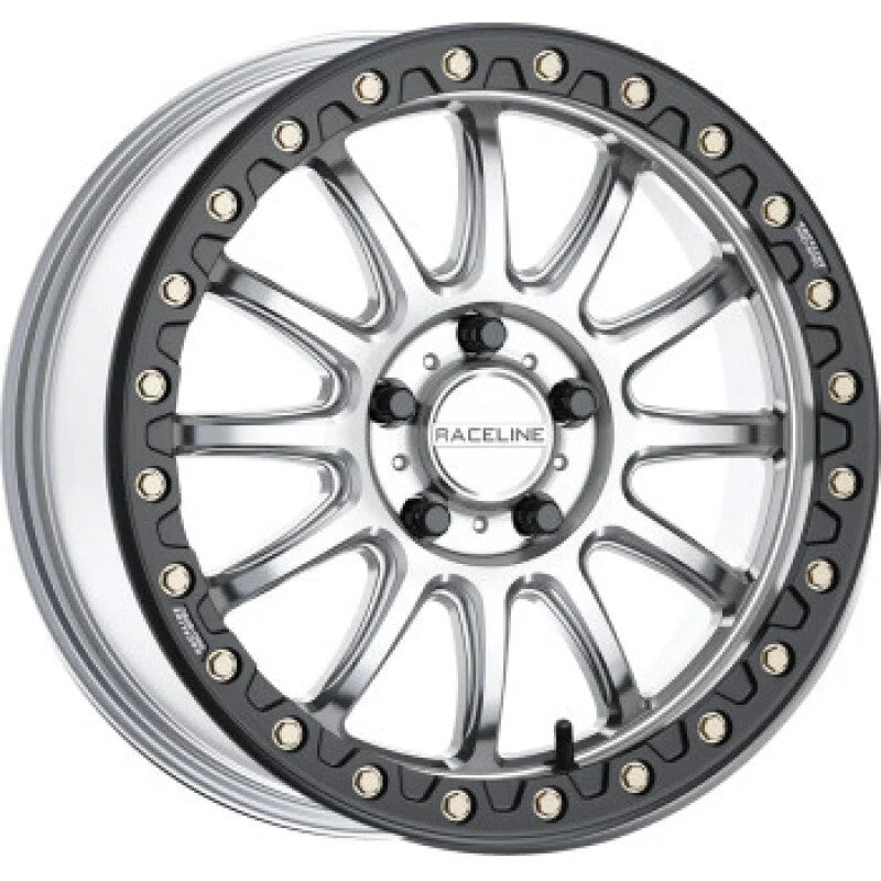 Raceline A14SB Alpha 15x10in/4x156 BP/10mm Offset/132.5mm Bore - Silver & Blk Ring Beadlock Wheel
