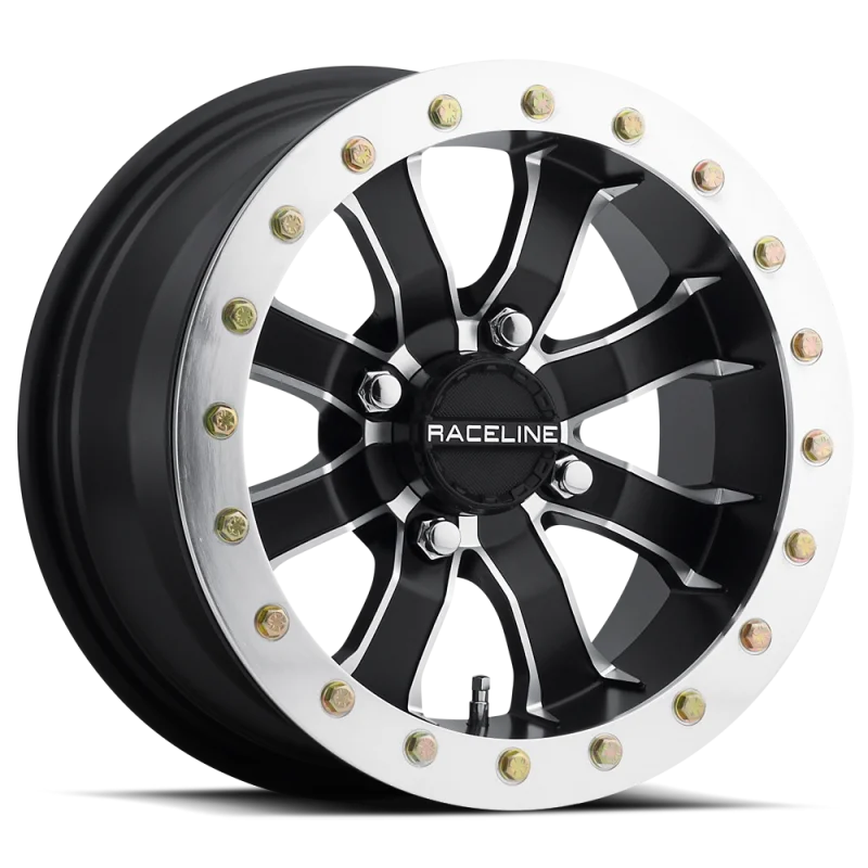 Raceline A71 Mamba 14x7in/4x156 BP/4+3 10mm Offset/132.5mm Bore - Blk & Machined Ring Beadlock Wheel