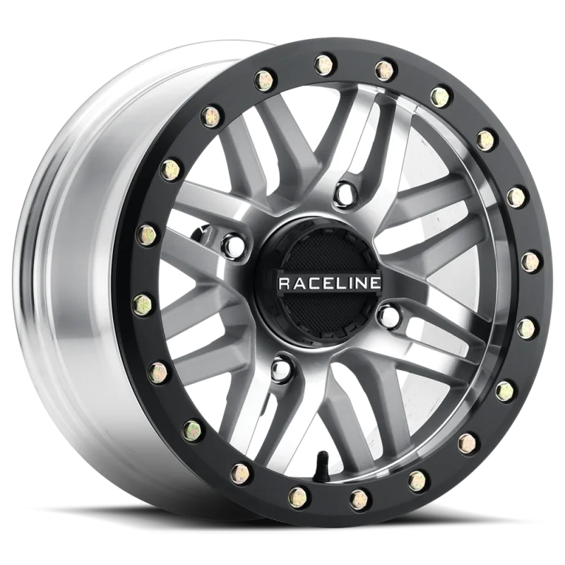 Raceline A91MA Ryno 14x7in/4x137 BP/10mm Offset/110.18mm Bore - Machined & Black Ring Beadlock Wheel