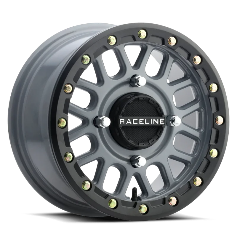 Raceline A93SG Podium 14x7in/4x156 BP/10mm Offset/132.5mm Bore - Grey & Black Ring Beadlock Wheel