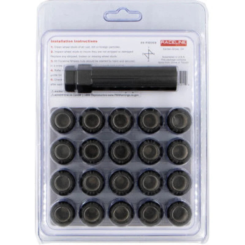 Raceline Spline Lug Nut Kit with Spline Key 12 x 1.5 - 20 Pack - Black - Side View
