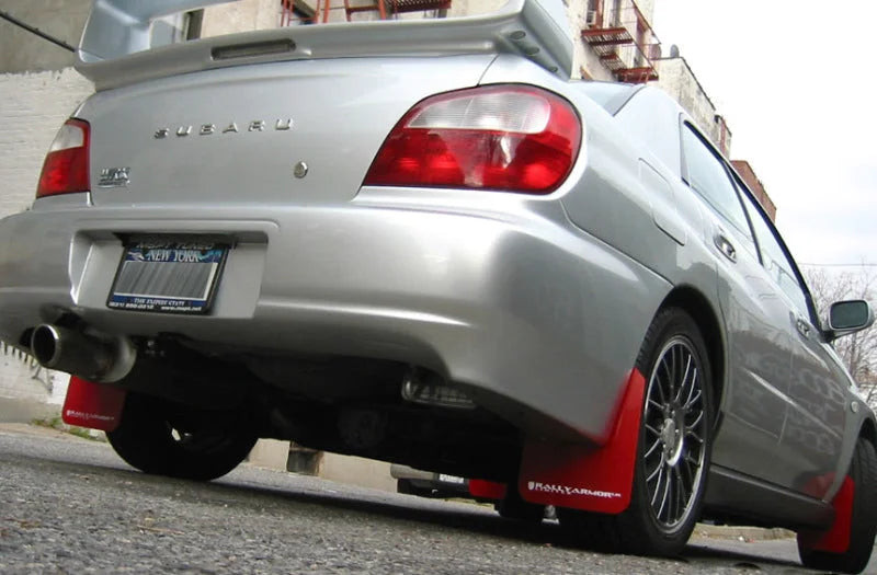 Rally Armor 02-07 Subaru WRX/STI/RS/2.5i (Wagons Req. Mod.) Red UR Mud Flap w/White Logo - Side View