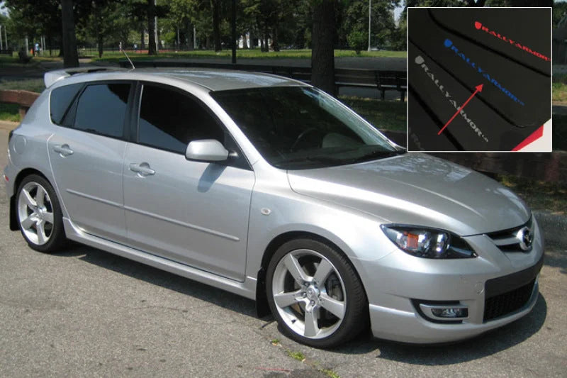 Rally Armor 04-09 Mazda3/Speed3 Black UR Mud Flap w/ Blue Logo - Side View