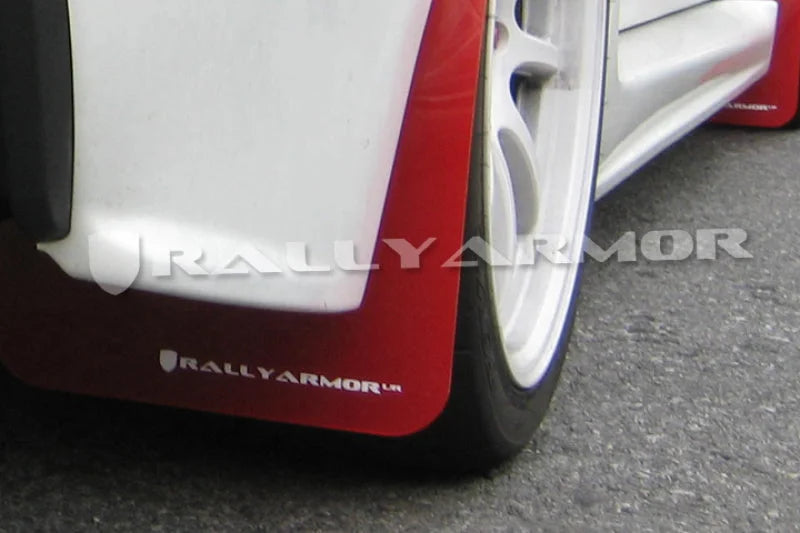 Rally Armor 07-17 Mitsubishi Lancer Red UR Mud Flap w/ White Logo - Side View