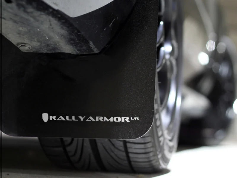 Rally Armor 08-10 Subaru WRX / 08-11 Impreza 2.5i (Hatch/Sedan) Black UR Mud Flap w/White Logo - Side View