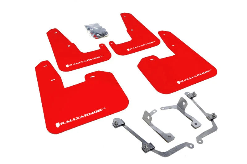 Rally Armor 08-11 Subaru STI (Hatch Only) / 11-14 WRX (Hatch Only) Red UR Mud Flap w/White Logo - Main Product View