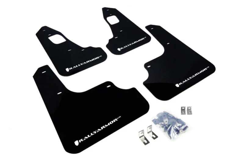Rally Armor 08-17 Mitsubishi EVO X Black UR Mud Flap w/ White Logo - Main Product View