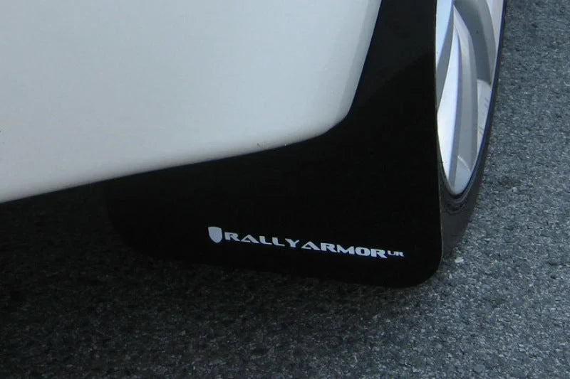 Rally Armor 08-17 Mitsubishi EVO X Black UR Mud Flap w/ White Logo - Side View