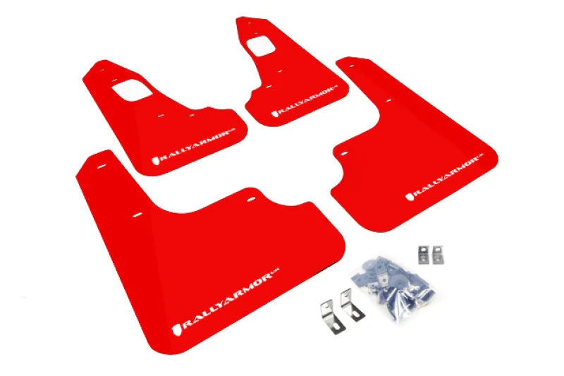 Rally Armor 08-17 Mitsubishi EVO X Red UR Mud Flap w/ White Logo - Main Product View