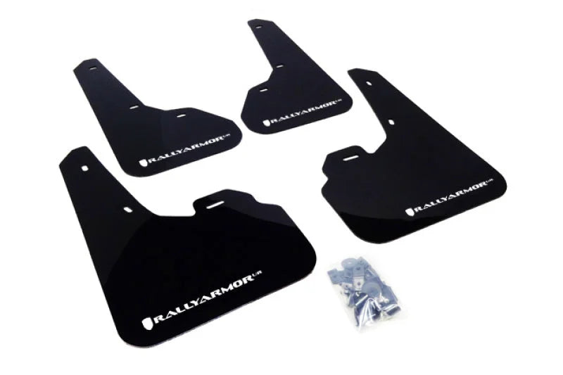 Rally Armor 10-13 Mazda3/Speed3 (Hatch/Sedan) Black UR Mud Flap w/White Logo - Main Product View