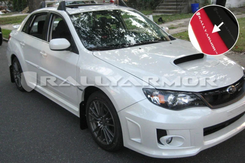 Rally Armor 11-14 Subaru WRX/STI (Sedan Only) Red UR Mud Flap w/White Logo - Side View