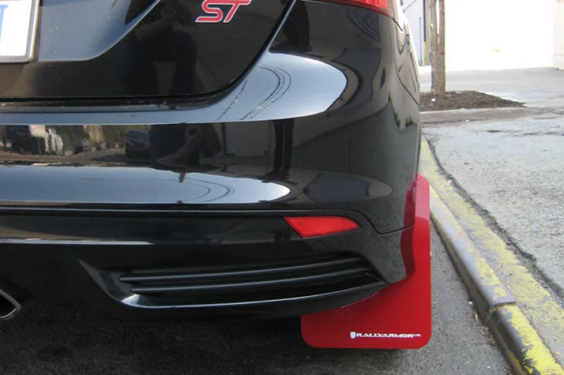 Rally Armor 12-19 Ford Focus ST / 16-19 RS Black Mud Flap w/Grey Logo - Installation View