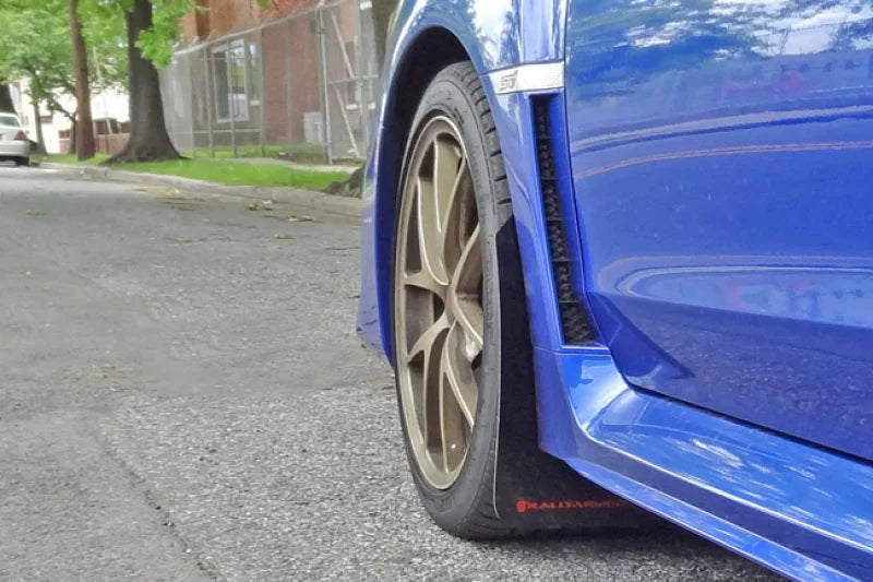 Rally Armor 15-21 Subaru WRX/STI Blue UR Mud Flap w/White Logo - Installation View
