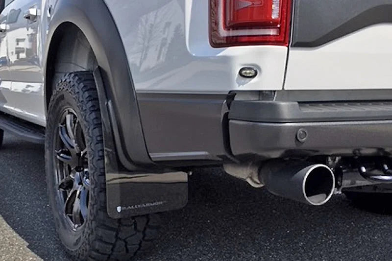 Rally Armor 17-20 Ford F-150 Raptor Gen 2 Black UR Mud Flap w/White Logo - Side View