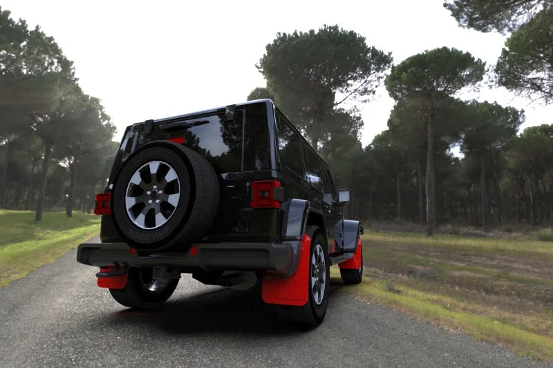 Rally Armor 18-25 Jeep JL Wrangler Red UR Mud Flap w/Black Logo - Detail View