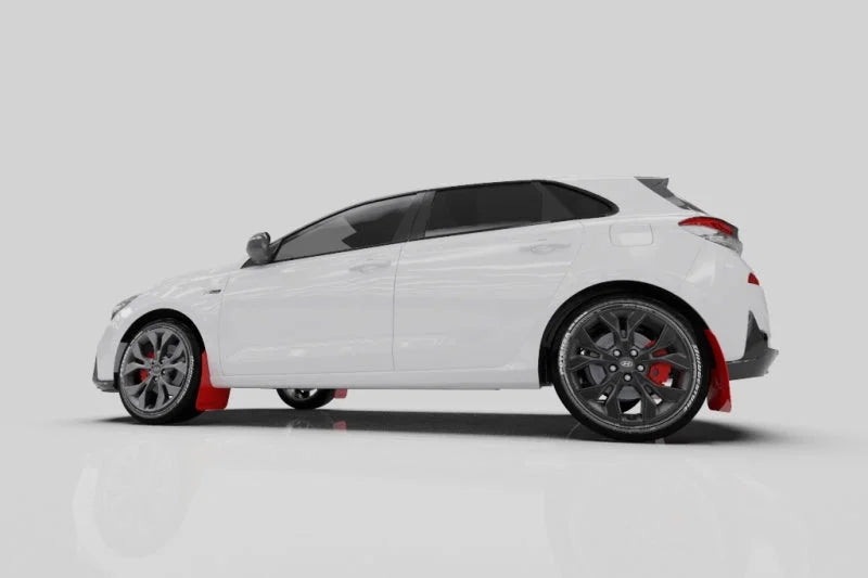 Rally Armor 19-21 Hyundai Elantra GT N Line/i30 Black UR Mud Flap w/White Logo - Back View