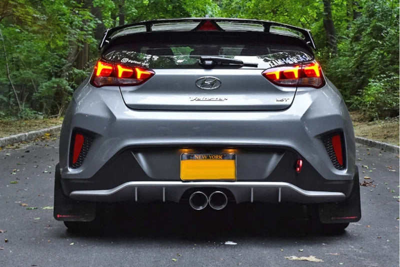 Rally Armor 19-21 Hyundai Veloster Turbo/2.0/R-Spec Red UR Mud Flap w/White Logo - Back View