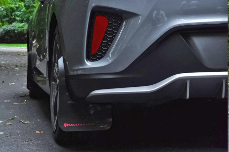 Rally Armor 19-21 Hyundai Veloster Turbo/2.0/R-Spec Red UR Mud Flap w/White Logo - Installation View